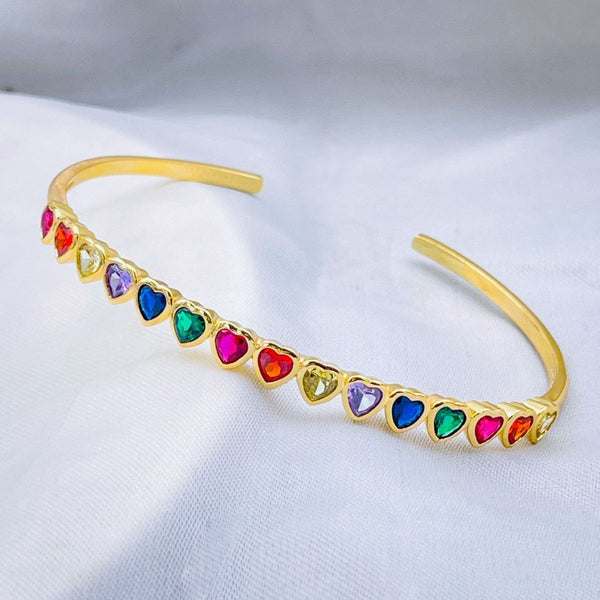Rainbow Love Heart Multi Color CZ 18K Gold Cuff Bangle Bulk Main image