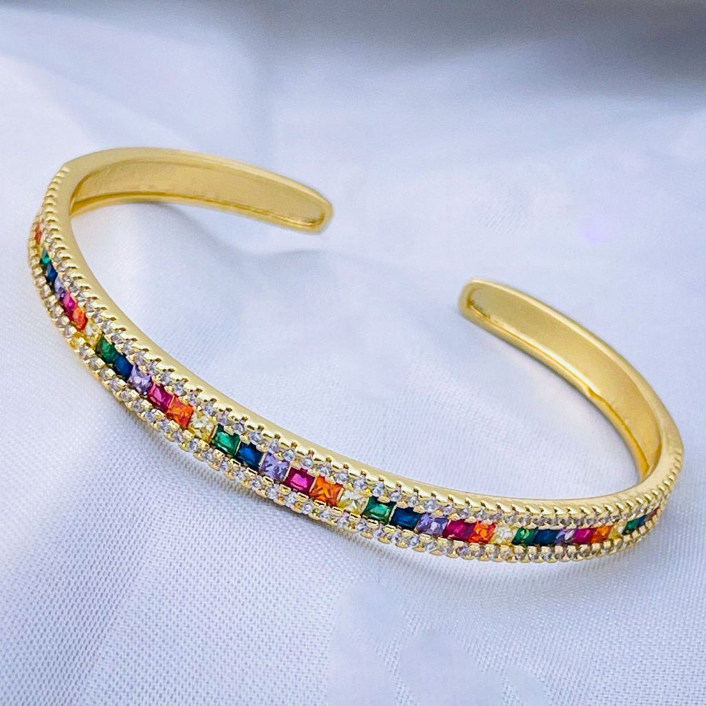 Rainbow Multi Color Invisible Setting CZ 18K Gold Cuff Bangle Bulk