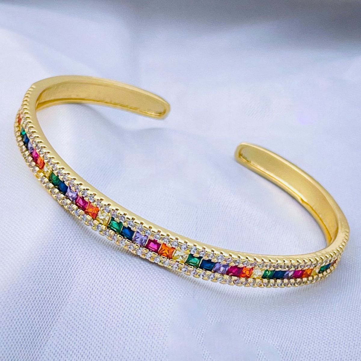 Rainbow Multi Color Invisible Setting CZ 18K Gold Cuff Bangle Bulk