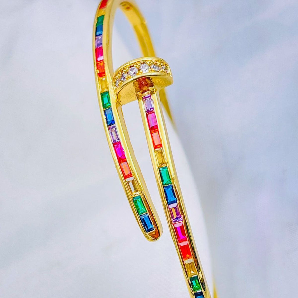Rainbow Multi Color Nail Screw CZ 18K Gold Openable Kada Bulk