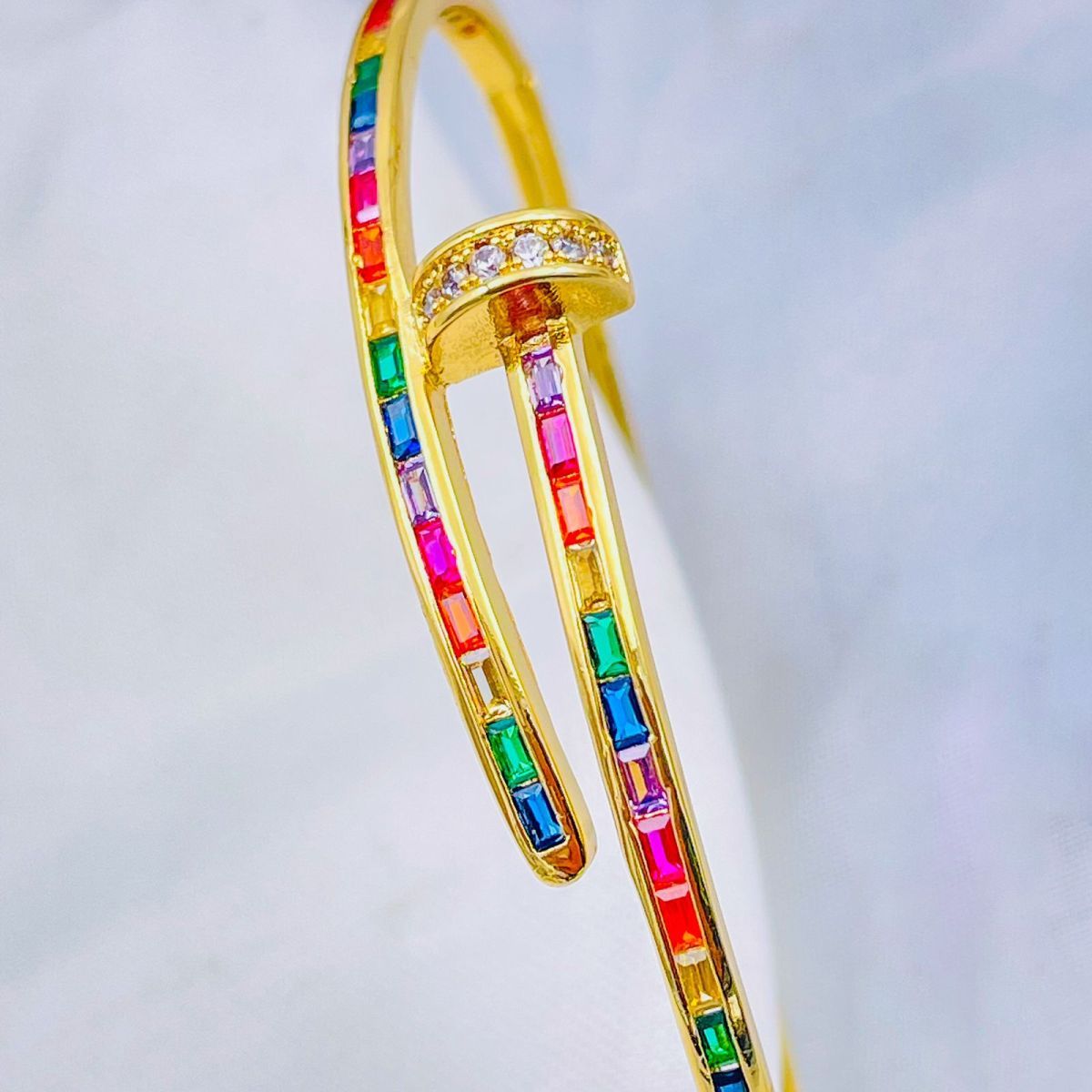 Rainbow Multi Color Nail Screw CZ 18K Gold Openable Kada Bulk