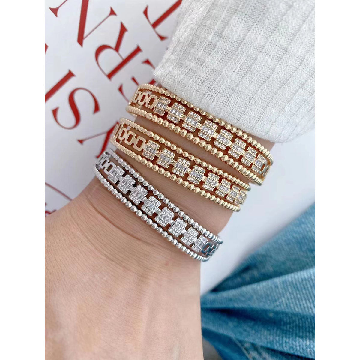 Smart Geometric Baguette Cubic Zirconia 18K Gold Cuff Bangle Bulk