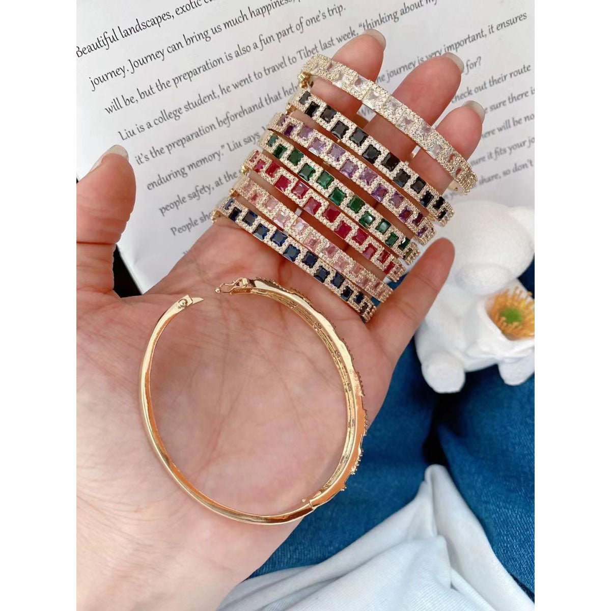 Rainbow Multi Color Princess CZ 18K Gold Openable Kada Bangle Bulk Secondary image