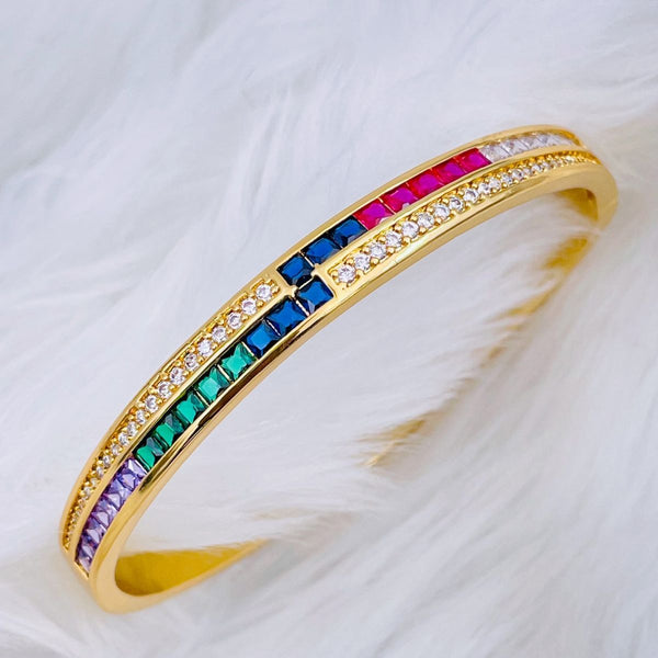 Rainbow Red Green Princess CZ 18K Gold Openable Kada Bangle Bulk Main image