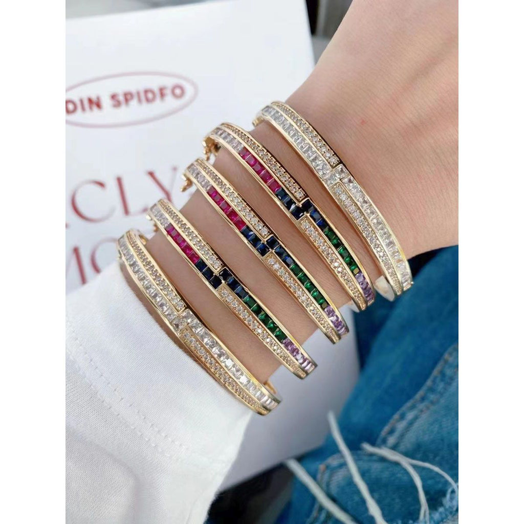 Rainbow Red Green Princess CZ 18K Gold Openable Kada Bangle Bulk