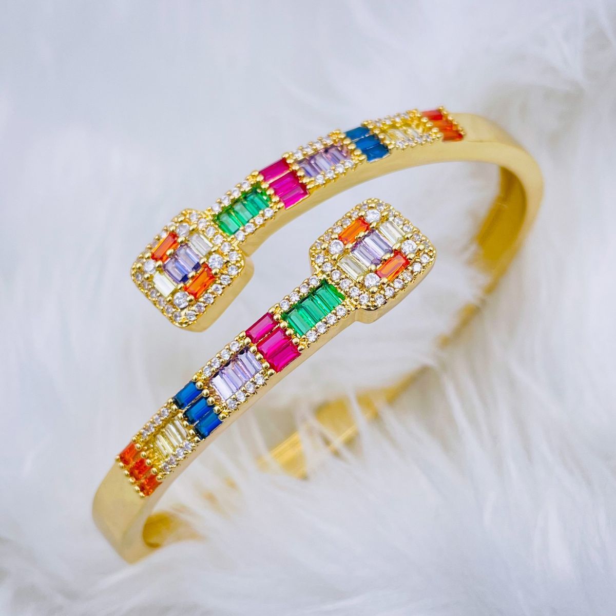 Rainbow Multi Color Dual Band Cubic Zirconia 18K Gold Kada Bangle Bulk
