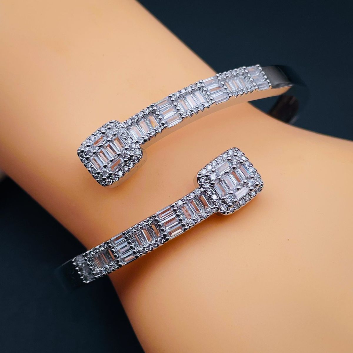 Princess Cut Dual Band Cubic Zirconia 18K Gold Cuff Kada Bracelet Bulk