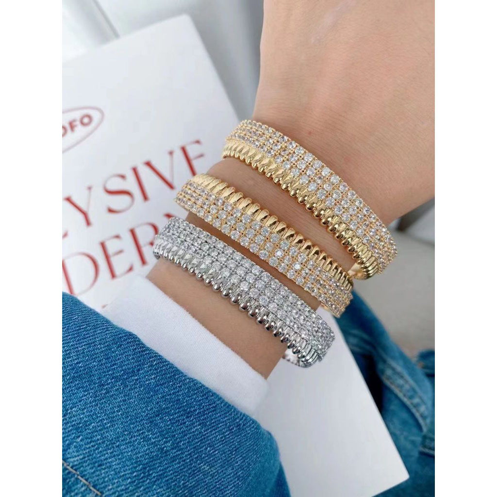 Three Layer Cubic Zirconia 18K Gold Copper Cuff Bangle For Women Bulk