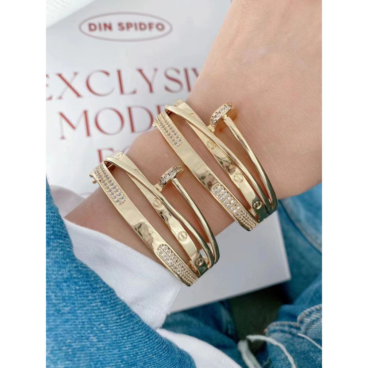 Screw Nail Dual Layer CZ 18K Gold Openable Kada Bangle Bulk Main image