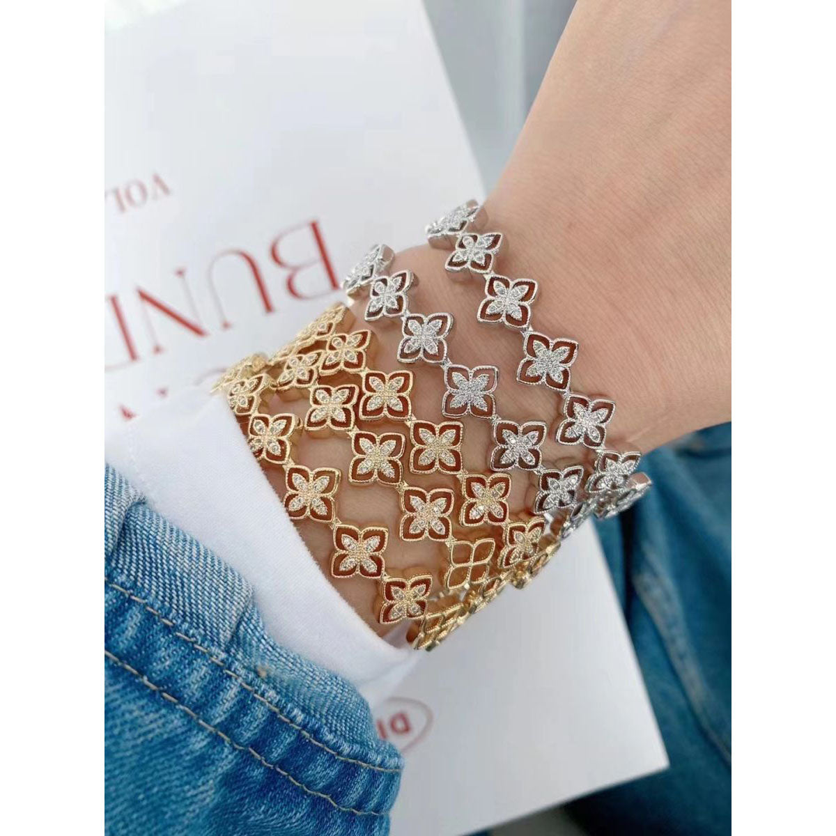 Flower Floral Filigree Cubic Zirconia 18K Gold Cuff Bangle Women Bulk Main image