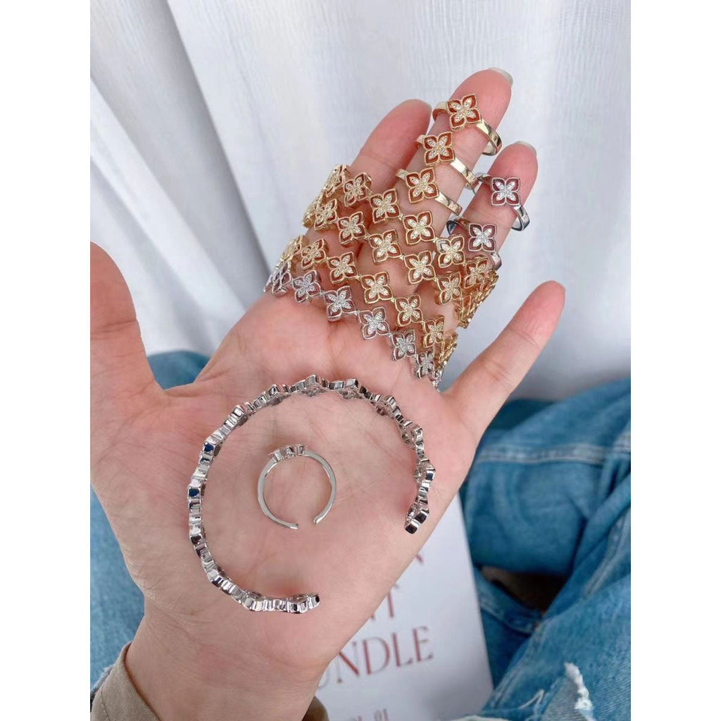 Flower Floral Filigree Cubic Zirconia 18K Gold Cuff Bangle Women Bulk