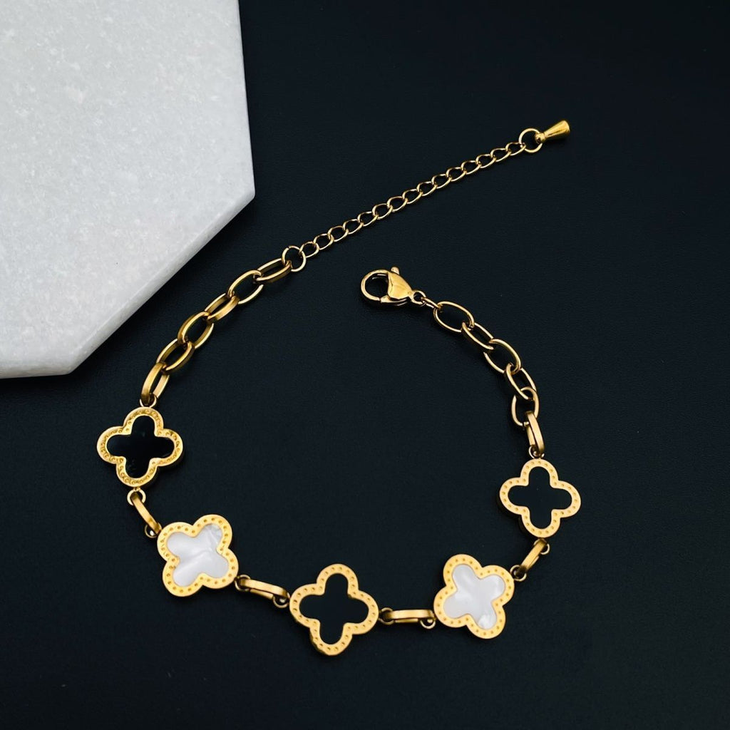 Clover Flower 18K Gold Black White Stainless Steel Chain Bracelet Bulk
