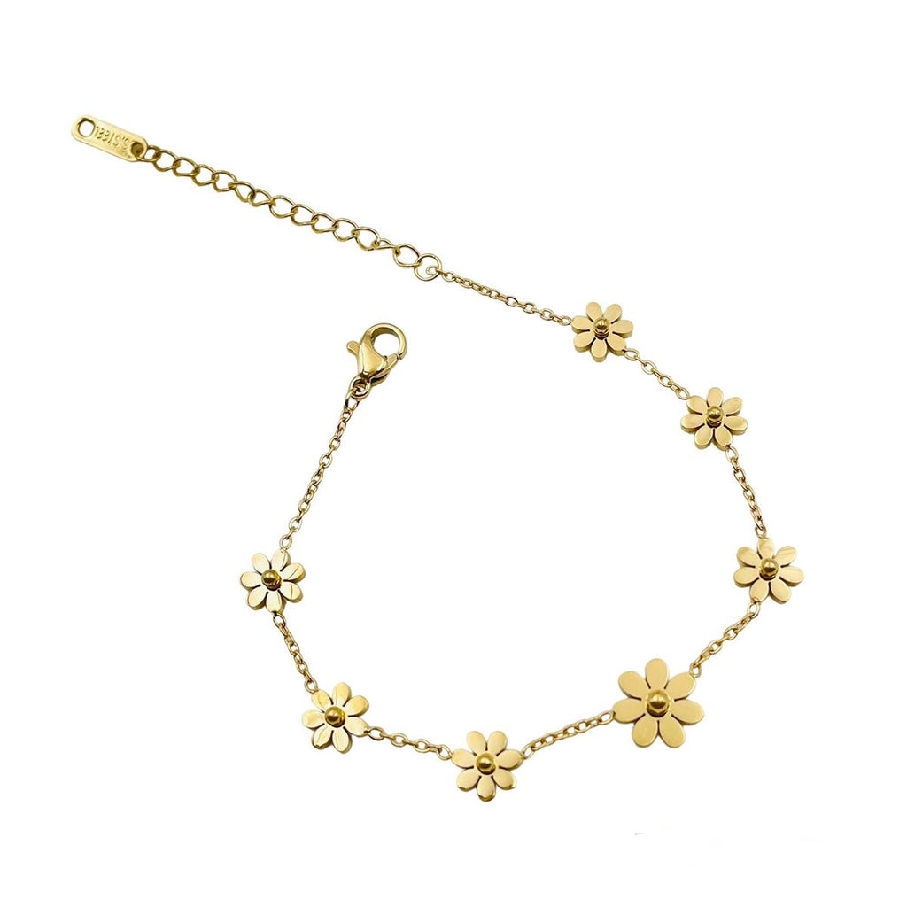 Seven Daisy Flower 18K Gold Stainless Steel Chain Bracelet Women Bulk