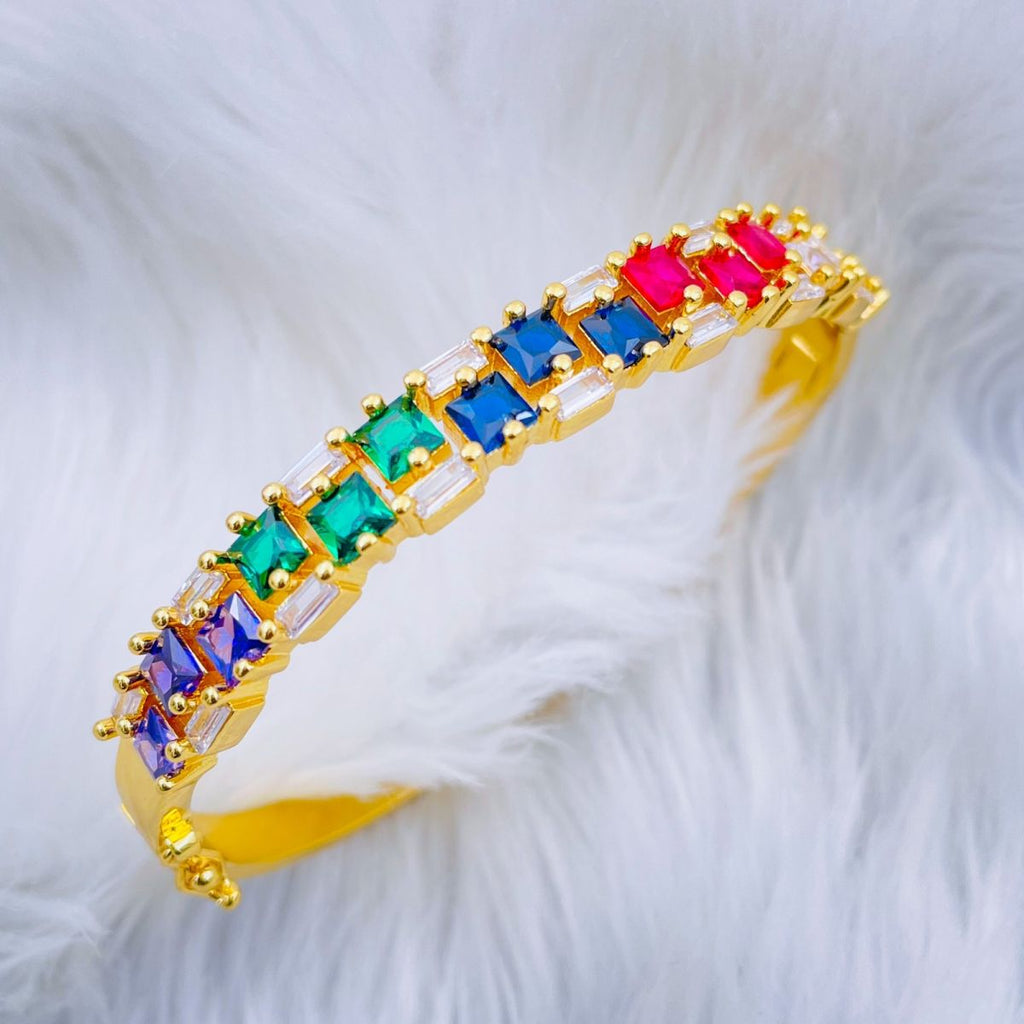 Rainbow Multi Color Princess Baguette Gold Openable Kada Bangle Bulk