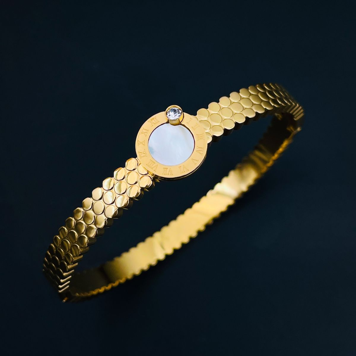 Mother of Pearl Etch Work 18K Gold Stainless Steel Openable Kada Bangle for Women Main image