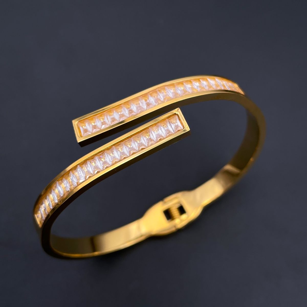 Invisible Setting Baguette Cubic Zirconia 18K Gold Stainless Steel Openable Kada bangle for Women Main image