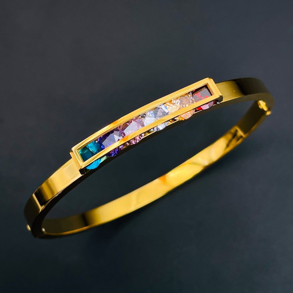 Rainbow Multi Colour Zircons 18K Rose Gold Stainless Steel Openable Kada bangle for Women