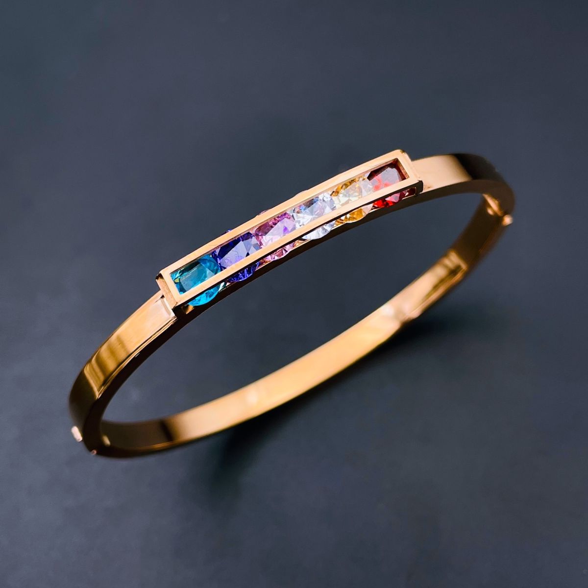 Rainbow Multi Colour Zircons 18K Rose Gold Stainless Steel Openable Kada bangle for Women Main image