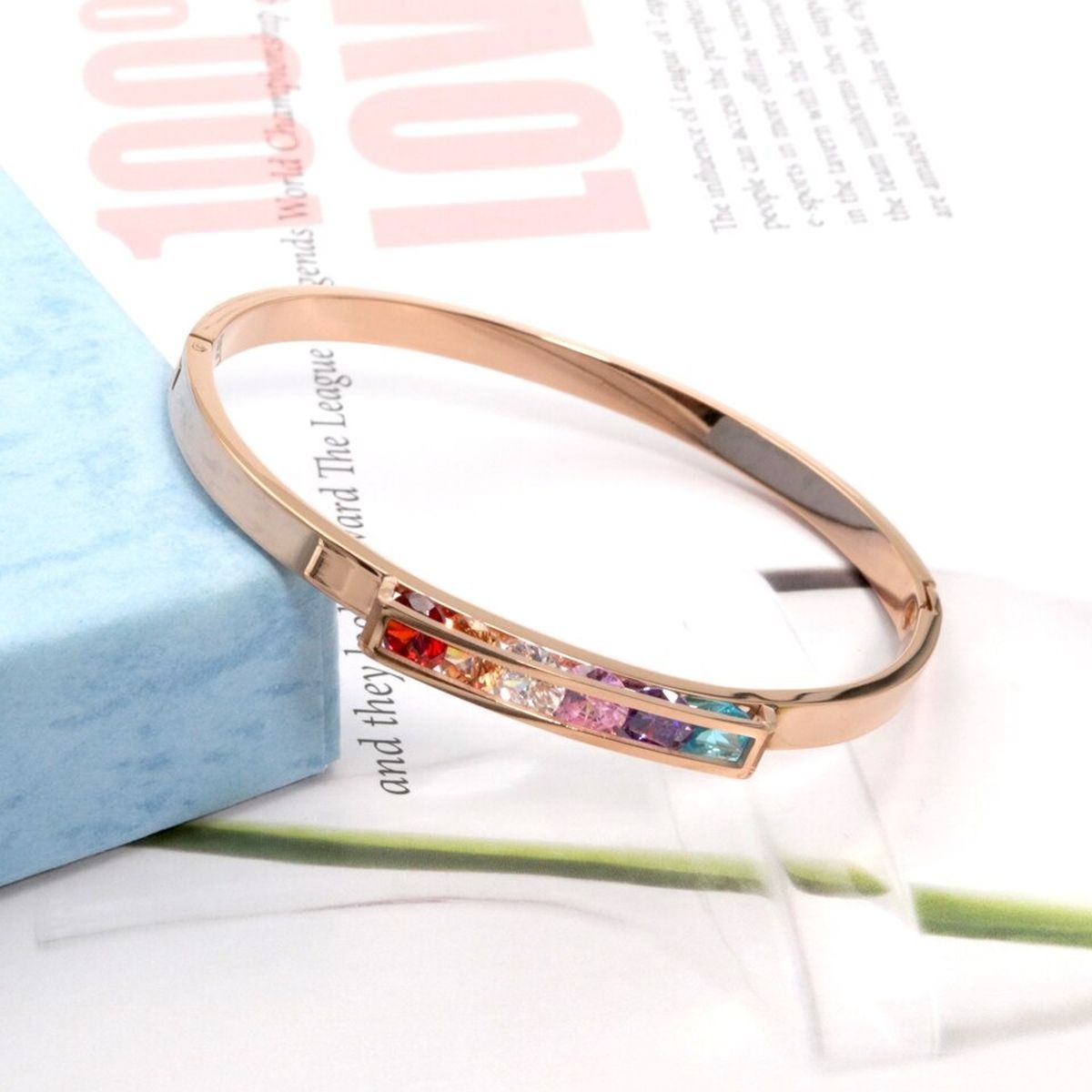 Rainbow Multi Colour Zircons 18K Rose Gold Stainless Steel Openable Kada bangle for Women