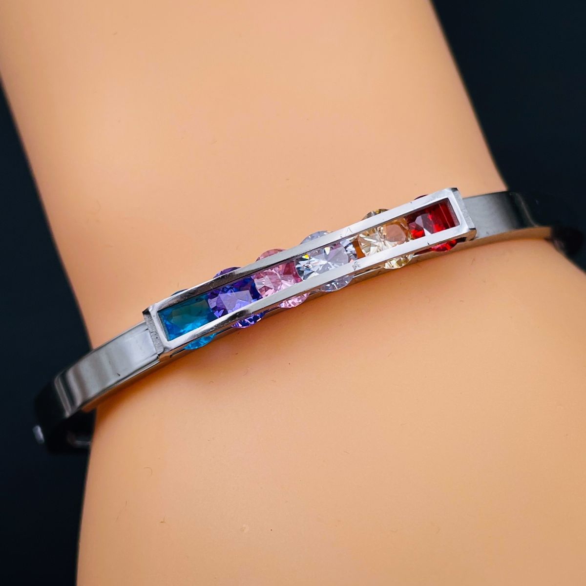 Rainbow Multi Colour Zircons 18K Rose Gold Stainless Steel Openable Kada bangle for Women