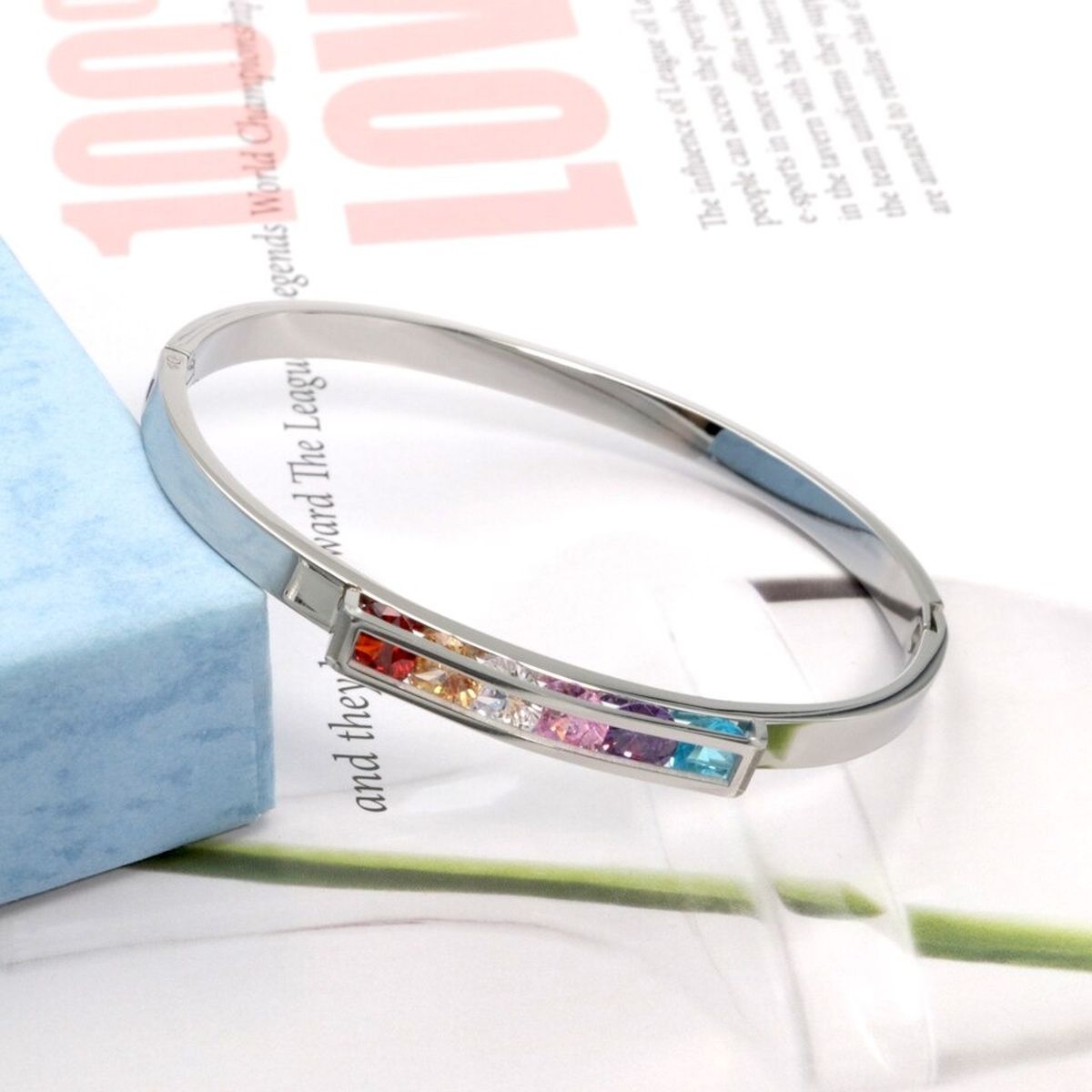 Rainbow Multi Colour Zircons 18K Rose Gold Stainless Steel Openable Kada bangle for Women