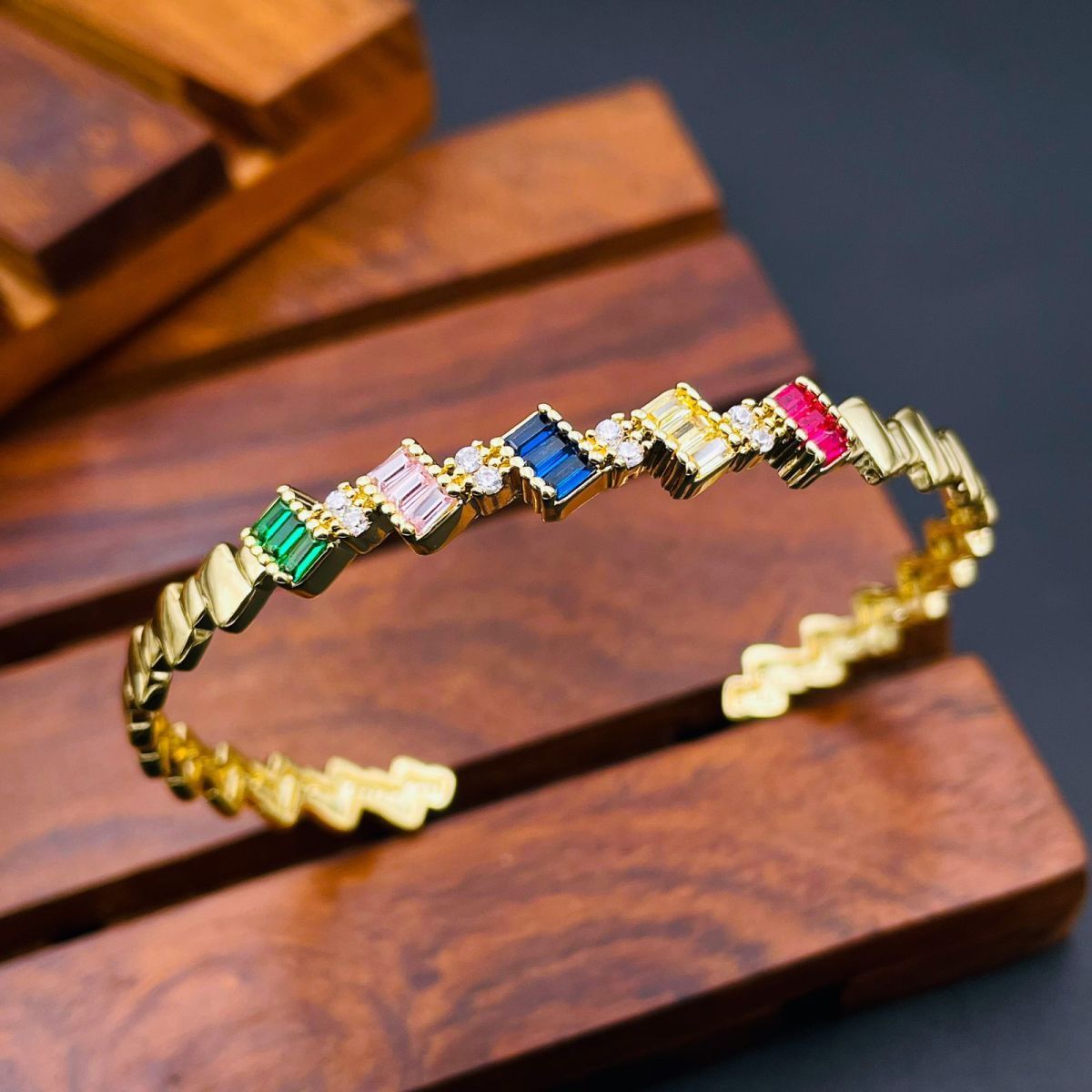 Rainbow Multi Color Baguette Gold Copper Free Size Cuff Bangle Bulk Main image