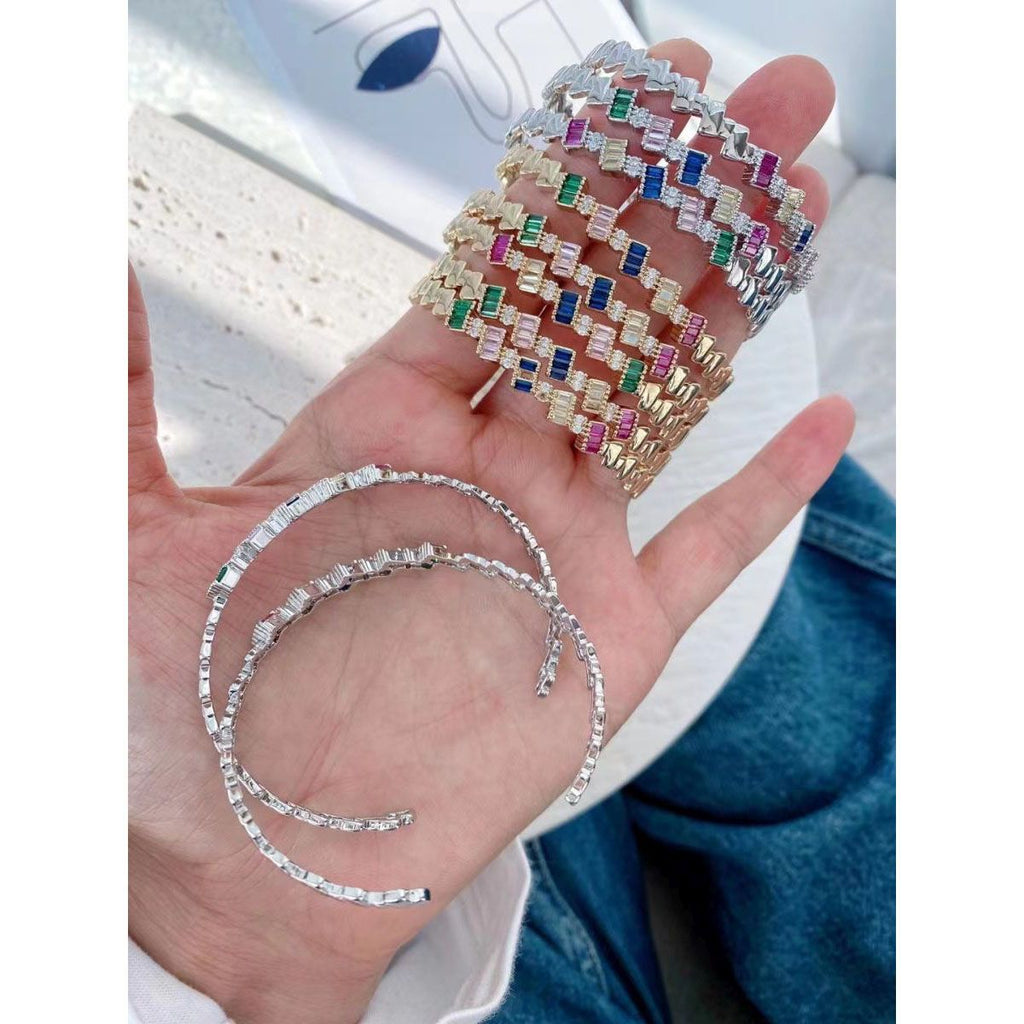 Rainbow Multi Color Baguette Gold Copper Free Size Cuff Bangle Bulk