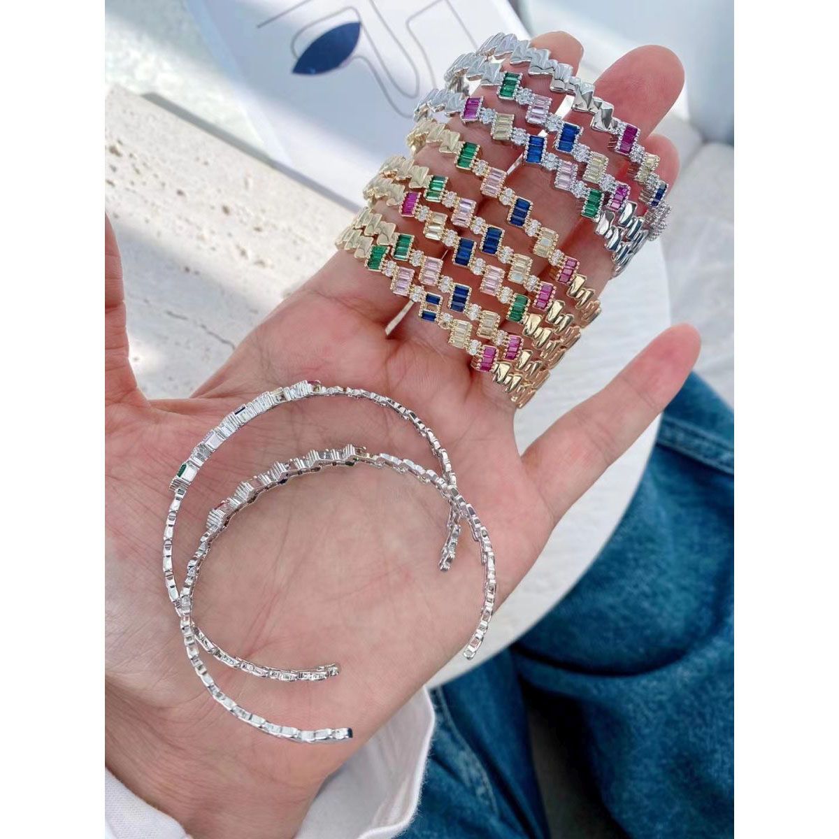 Rainbow Multi Color Baguette Gold Copper Free Size Cuff Bangle Bulk