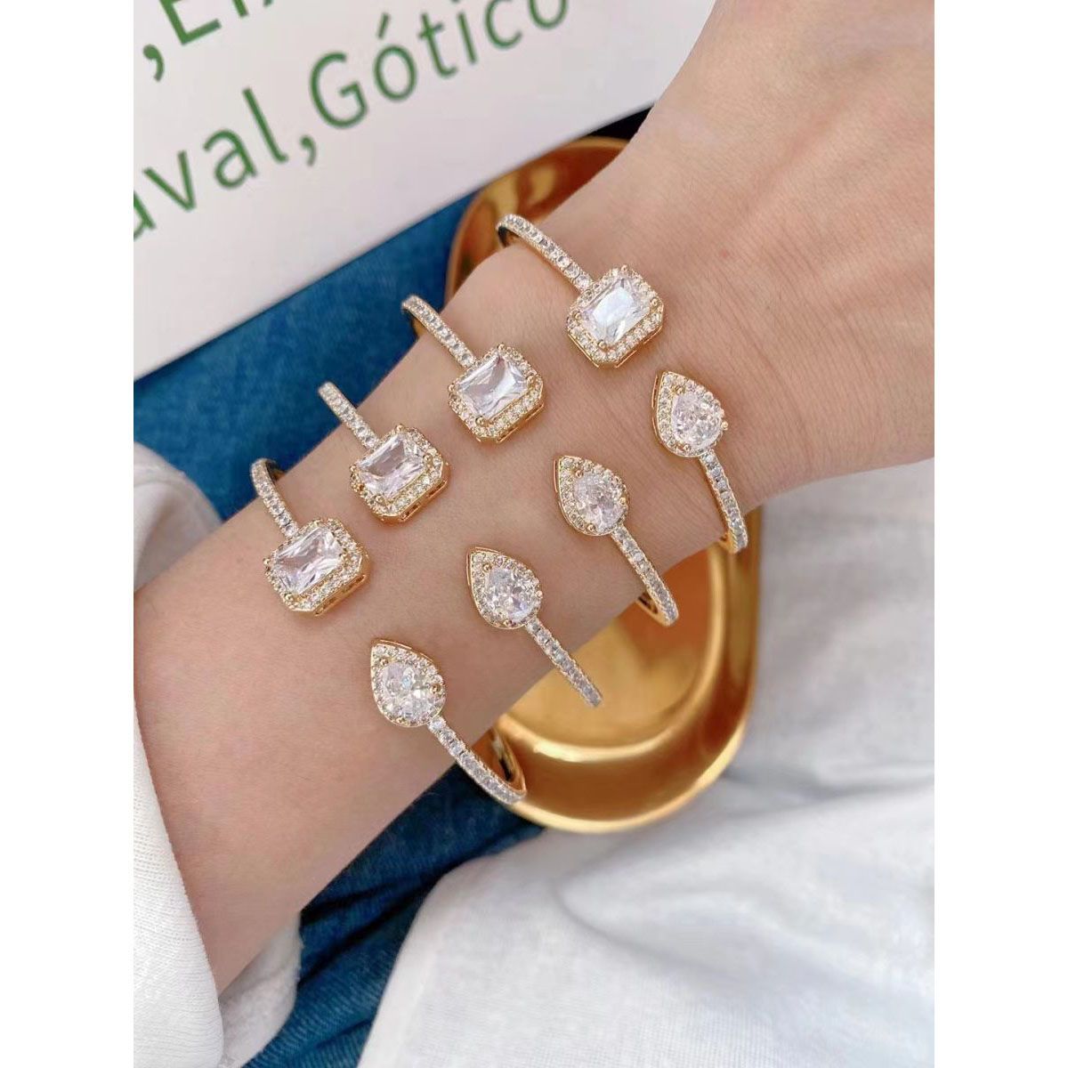 Emerald Drop Cubic Zirconia 18K Gold Copper Open Cuff Bangle Bulk
