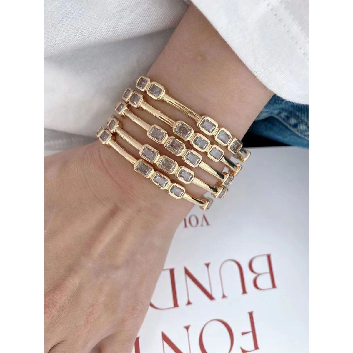 Emerald Cut Cubic Zirconia 18K Gold Open Copper Kada Bangle Women Bulk