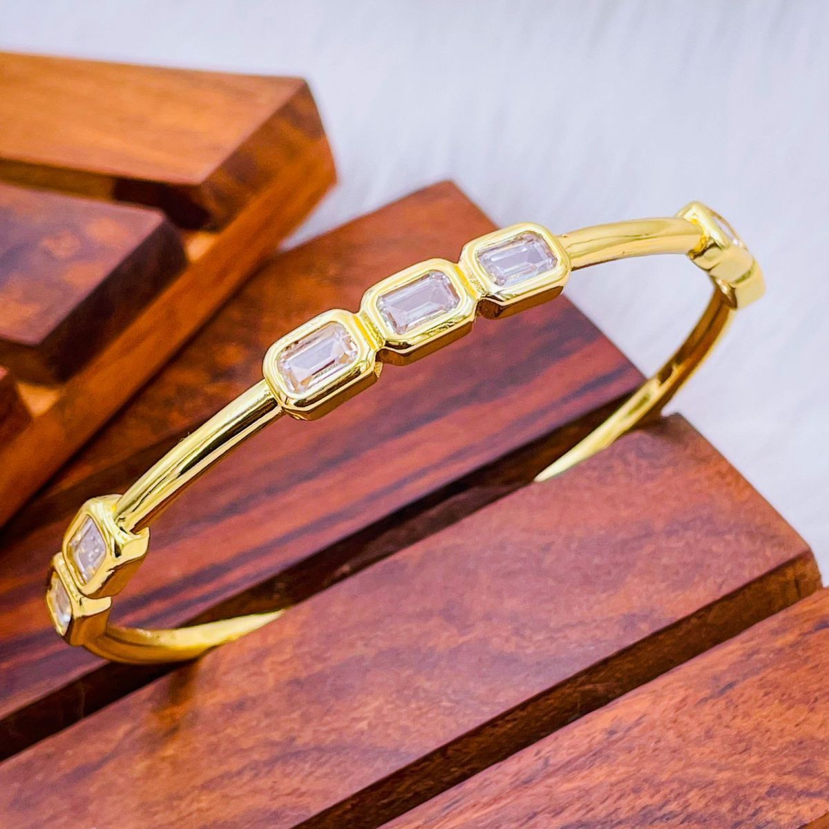 Emerald Cut Cubic Zirconia 18K Gold Open Copper Kada Bangle Women Bulk Main image