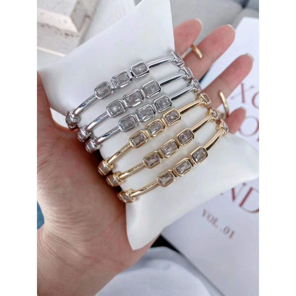 Emerald Cut Cubic Zirconia 18K Gold Open Copper Kada Bangle Women Bulk