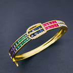 Belt Buckle Multi Color Rainbow CZ 18K Gold Openable Kada Bangle Bulk