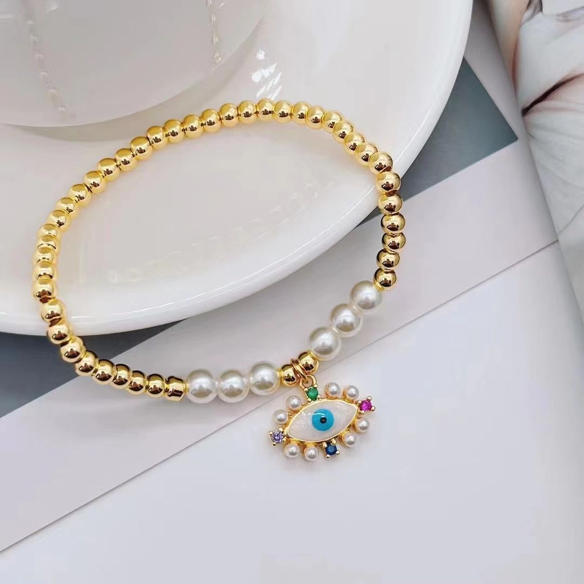 Evil Eye Pearl Beads Crystal Copper 18K Gold Bracelet For Women Bulk