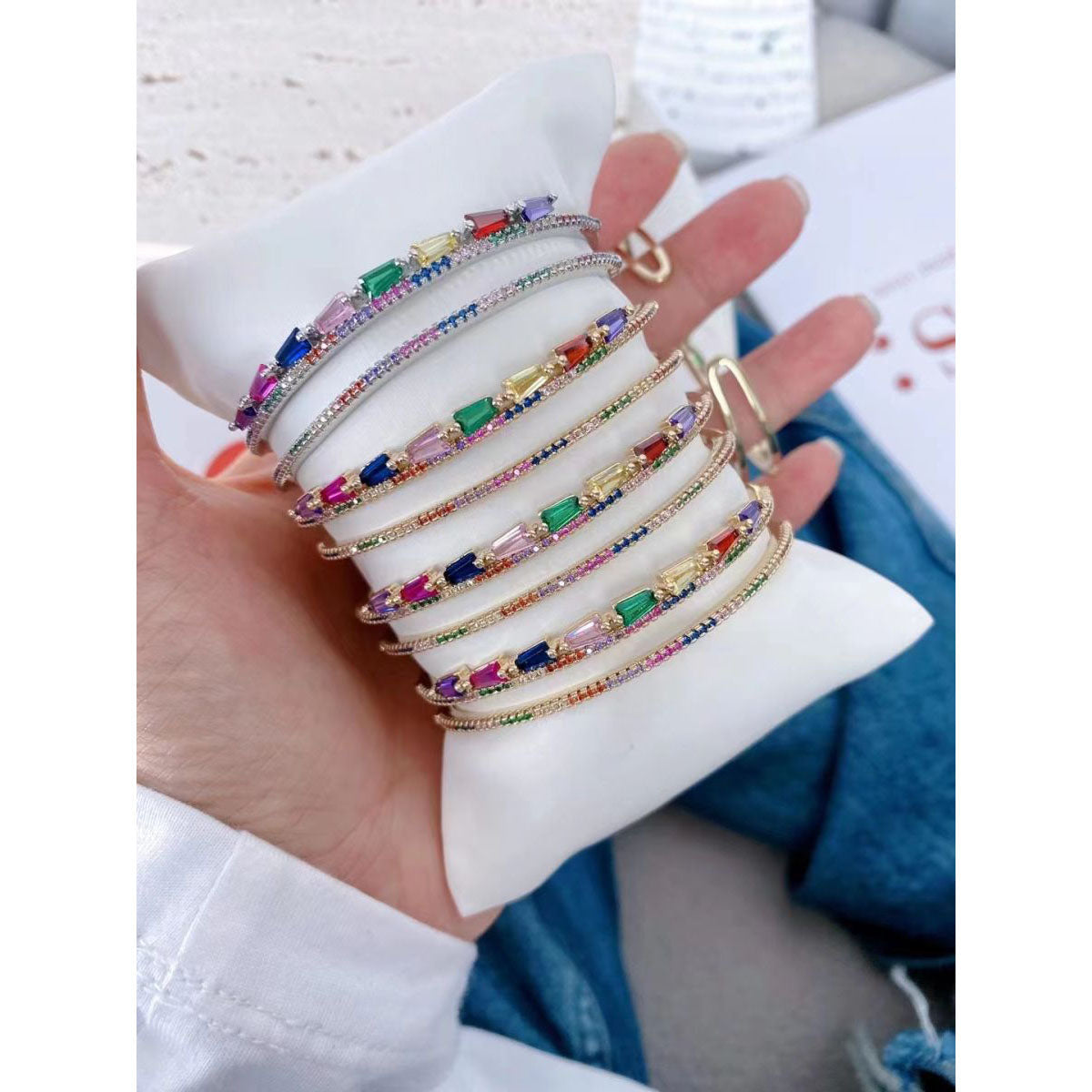 Multi Color Rainbow Dual Layer 18K Gold Copper Cuff Bangle Women Bulk