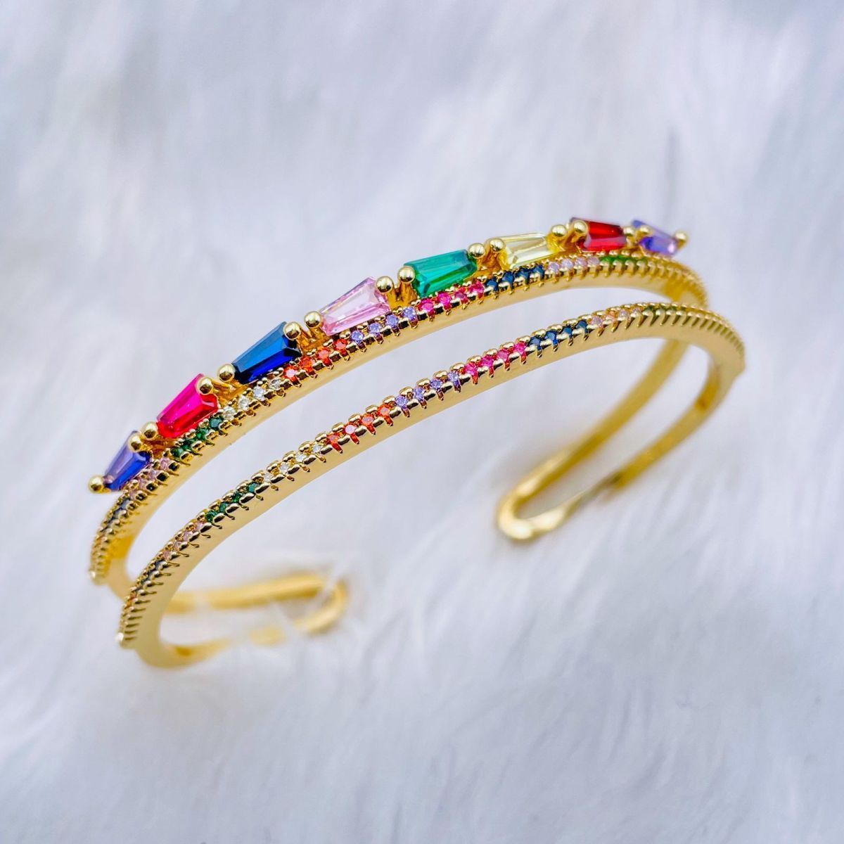 Multi Color Rainbow Dual Layer 18K Gold Copper Cuff Bangle Women Bulk Main image