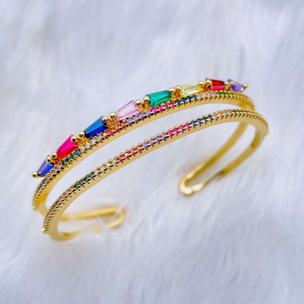Multi Color Rainbow Dual Layer 18K Gold Copper Cuff Bangle Women Bulk