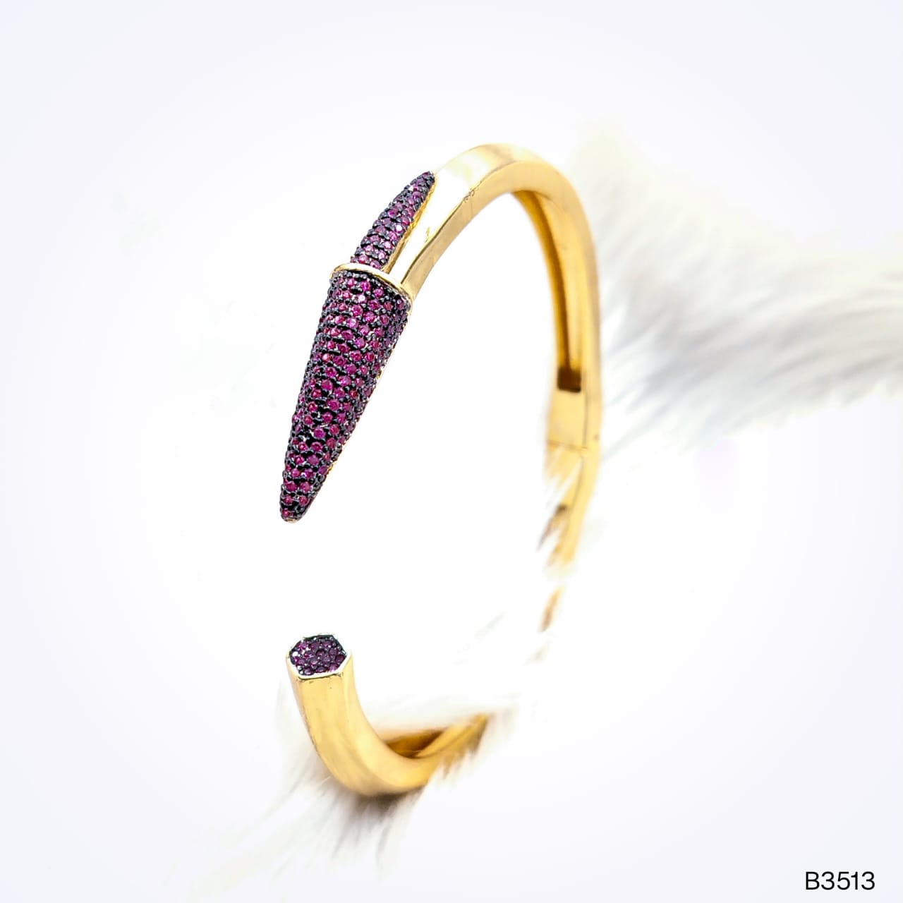 Dark Pink Nail 3D CZ Glossy 18K Gold Cuff Kada Bracelet Bulk