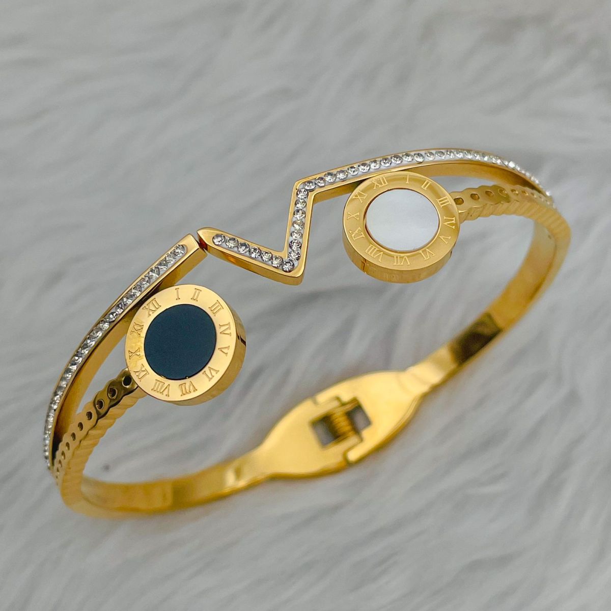 Roman Stainless Steel CZ Black White Rose Gold Bangle Kada Bulk