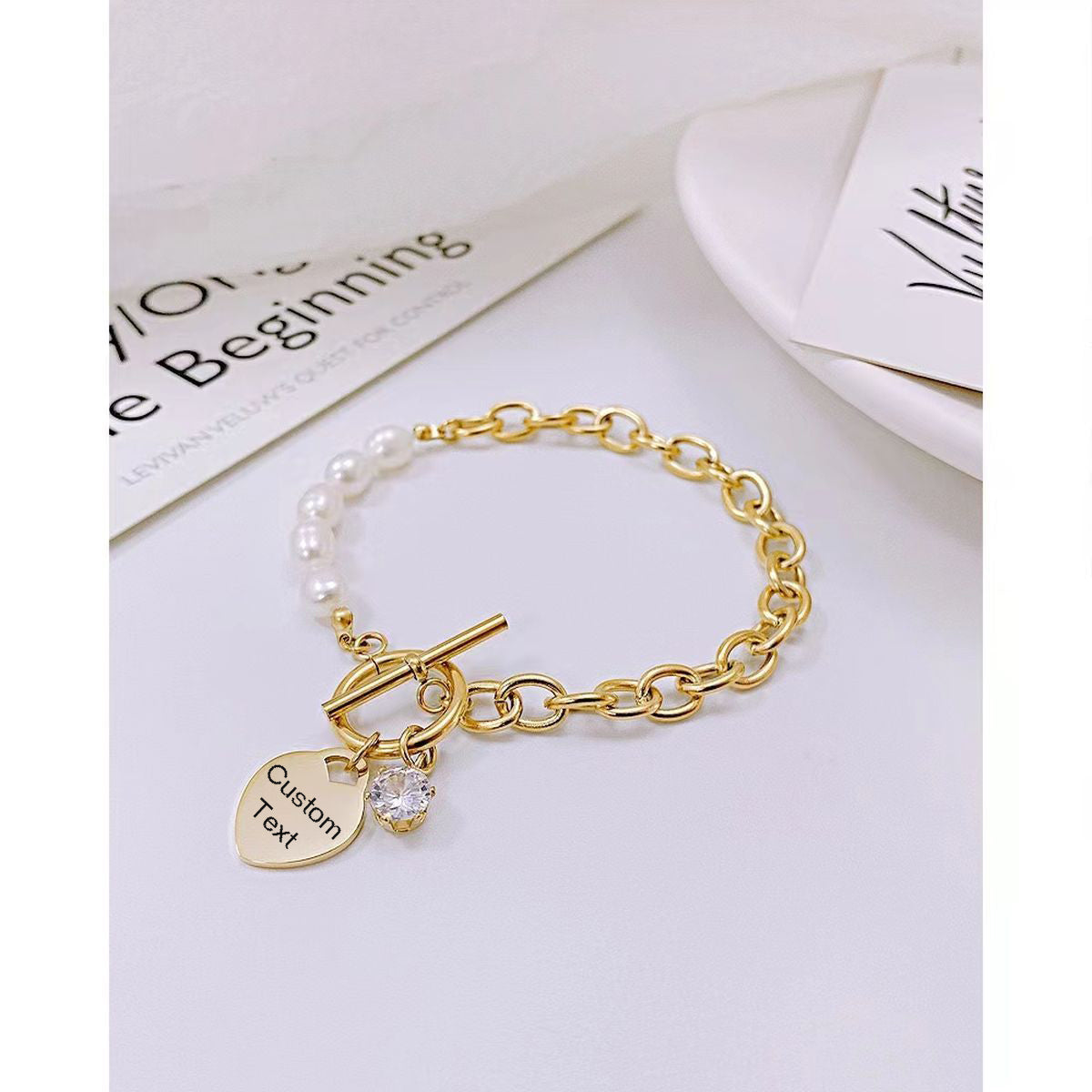 Heart Love Solitaire Pearl Links Toggle Clasp 18K Gold Stainless Steel Bracelet  Women