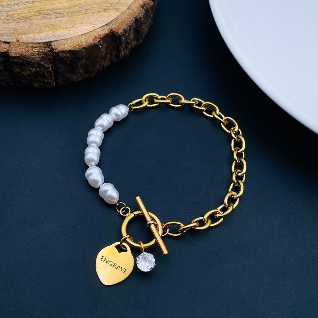 Heart Love Solitaire Pearl Links Toggle Clasp 18K Gold Stainless Steel Bracelet  Women