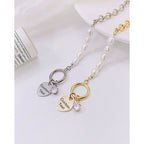 Heart Love Solitaire Pearl Links Toggle Clasp 18K Gold Stainless Steel Bracelet  Women