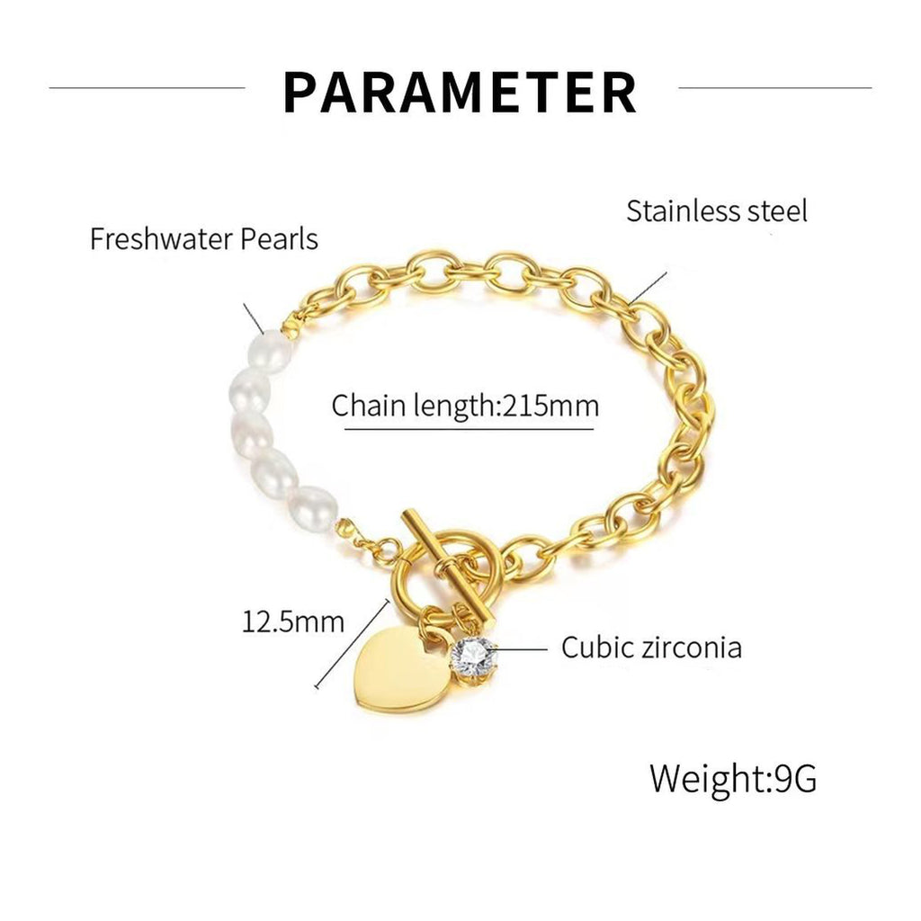 Heart Love Solitaire Pearl Links Toggle Clasp 18K Gold Stainless Steel Bracelet  Women