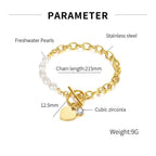 Heart Love Solitaire Pearl Links Toggle Clasp 18K Gold Stainless Steel Bracelet  Women