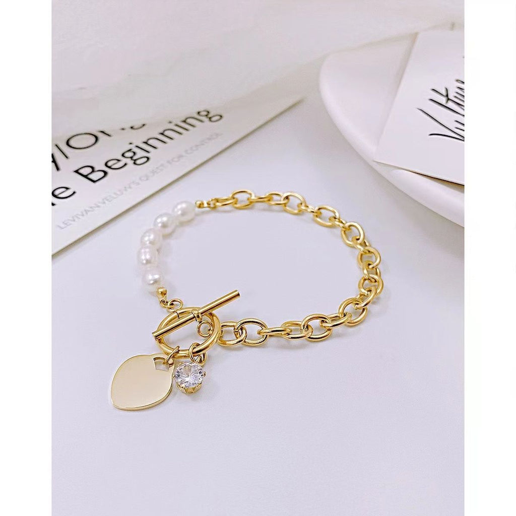 Heart Love Solitaire Pearl Links Toggle Clasp 18K Gold Stainless Steel Bracelet  Women