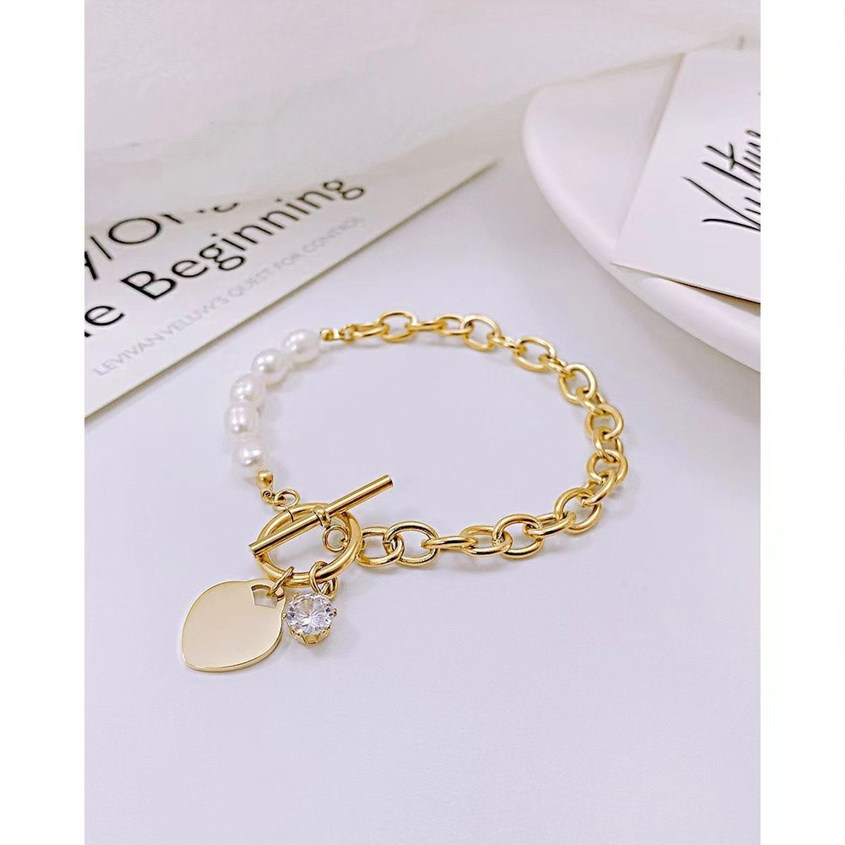 Heart Love Solitaire Pearl Links Toggle Clasp 18K Gold Stainless Steel Bracelet  Women