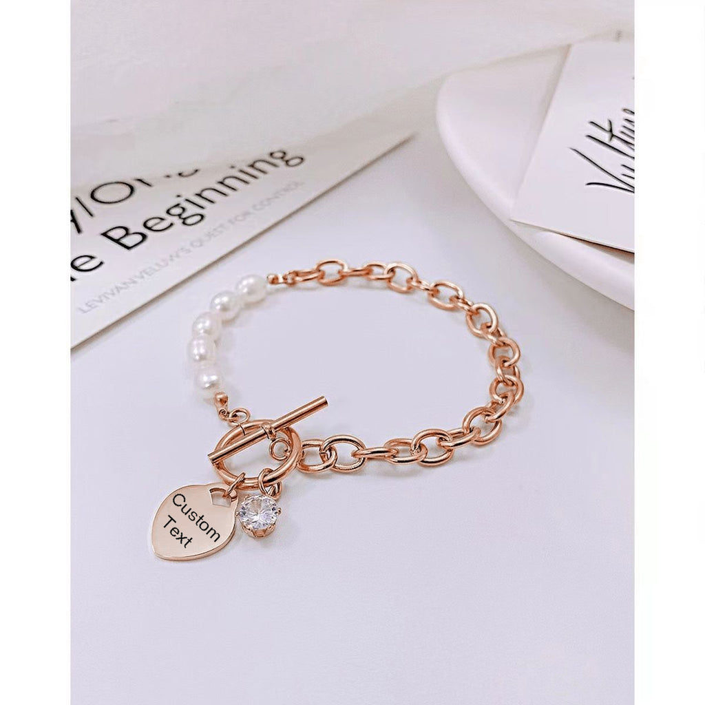 Heart Love Solitaire Pearl Links Toggle Clasp 18K Gold Stainless Steel Bracelet  Women