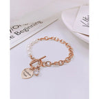 Heart Love Solitaire Pearl Links Toggle Clasp 18K Gold Stainless Steel Bracelet  Women