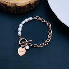 Heart Love Solitaire Pearl Links Toggle Clasp 18K Gold Stainless Steel Bracelet  Women