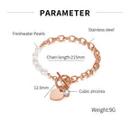 Heart Love Solitaire Pearl Links Toggle Clasp 18K Gold Stainless Steel Bracelet  Women